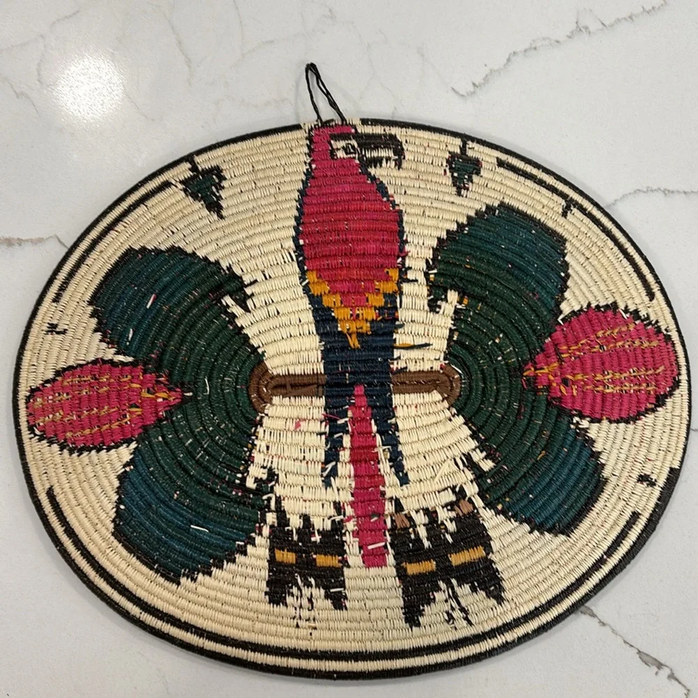 Woven Seagrass Oval Shape Wall Basket With Parrot And Butterflies Design